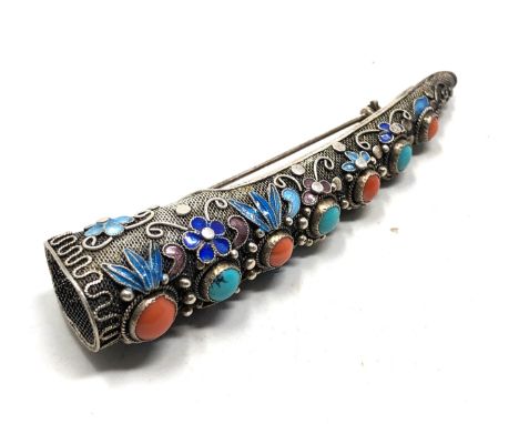 Vintage Chinese silver filigree turquoise coral enamel finger guard pin brooch 