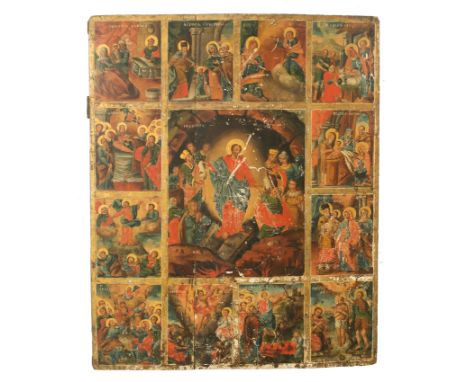Icon. Gold and oil on wood.  Romania - Ukraine. 19th century."Great Feasts of Orthodoxy"The fundamental motif is a mix betwee