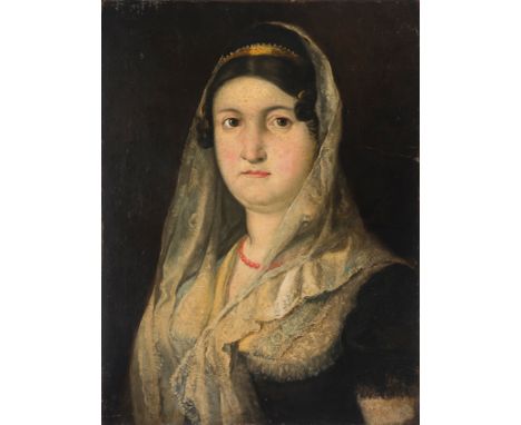 Spanish School. 18th century. Follower of Francisco de Goya."Portrait of a Lady"On the back are the remains of a document wit