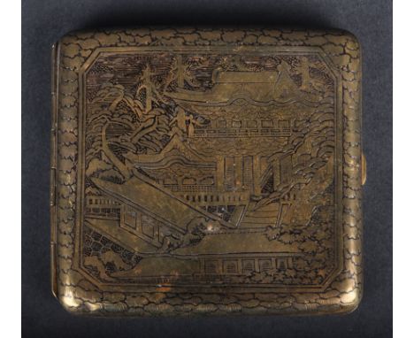 An early 20th Century Japanese Art Deco period Damascene decorated cigarette case / cheroot case depicting a pagoda temple sc
