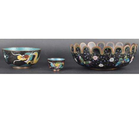 A group of early 20th Century Chinese / Japanese Cloisonne bowls comprising a small example with duck egg blue interior and d
