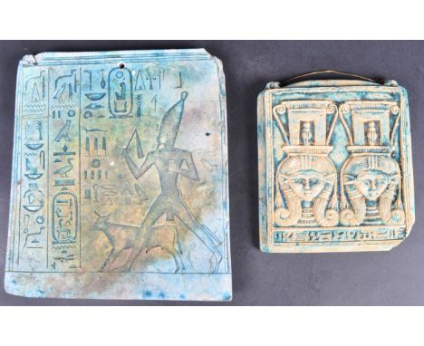 Two Egyptian revival blue faience panels comprising an example depicting a panel from the Hatshepsut and another with front f