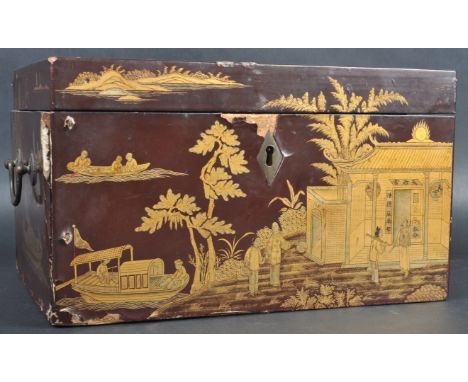A 19th Century Chinese Qing Dynasty Canton Cantonese black lacquer tea caddy box. The large rectangular box having gilt decor