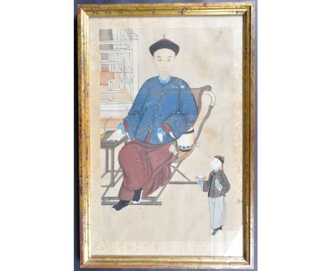 A 19th Century Chinese Qing Dynasty ancestral / ancestor portrait painting study depicting a man seated with hand resting on 