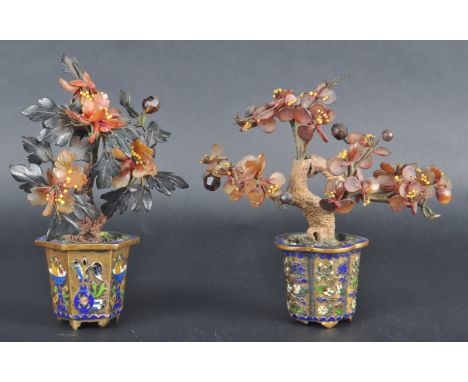 A pair of early 20th Century Chinese Cloisonne agate bonsai trees. Both having facet and shaped cut agate stone pieces and be