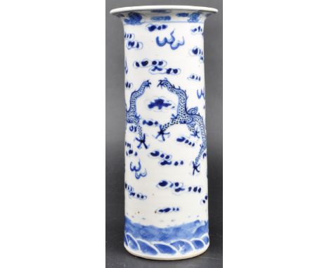 A 19th Century Chinese Kangxi mark blue and white porcelain sleeve vase of cylindrical form having a flared circular rim with