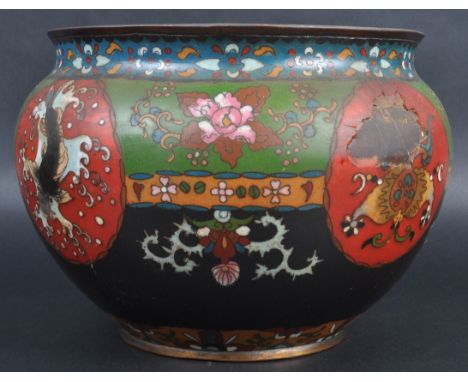 A 19th Century Chinese Qing Dynasty Oriental cloisonne prayer bowl / planter jardiniere. Enamelled interior with polychrome e