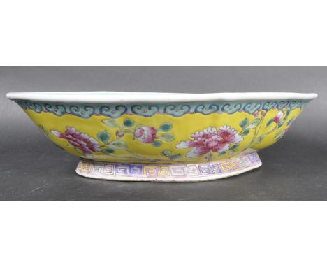 A large early 20th Century Chinese Republic period footed centrepiece bowl. Turquoise ground interior with famille jaune deco