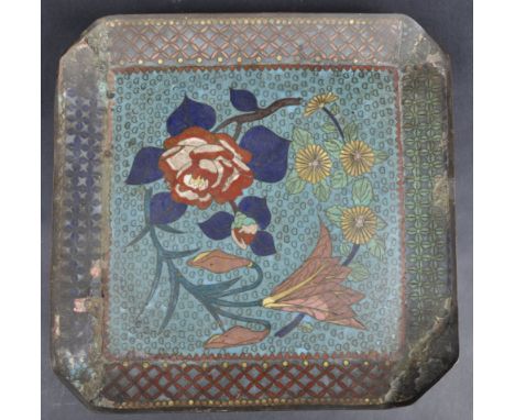 A believed 17th Century Ming Dynasty cloisonne enamel tray / footed dish of large size. Canted square form with central flora