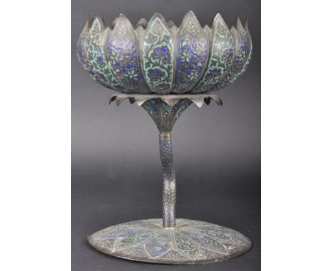 An early 20th Century Japanese champleve / cloisonne enamel centrepiece bowl having a lotus flower shaped bowl with bladed le