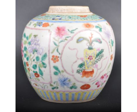 A 19th Century Chinese porcelain ginger jar having hand painted polychrome enamel decoration depicting flowers botanicals on 