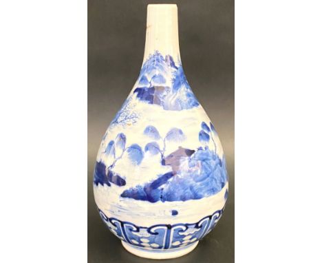 A 19th Century Chinese Kangxi mark blue and white bottle vase. Hand painted blue and white decoration with landscape scene an