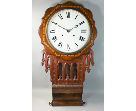 A Victorian walnut and boxwood inlaid drop dial wall clock, the 11 and a half inch dial with Roman numerals, no pendulum, len