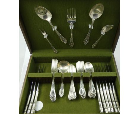 An American sterling silver canteen of Rose Point cutlery for eight place settings, stamped Wallace Sterling, comprising tabl