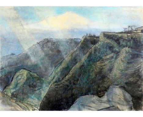 R. H. Sauter (German, 1895-1977), hill top village, pastel on paper, unsigned, 37 x 51cm, gilt frame