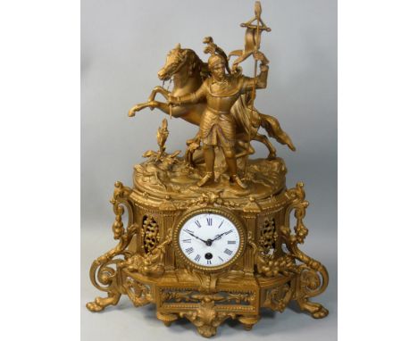 A 19th century French spelter timepiece, the white enamel dial with black Roman numerals, the case with a knight and his hors