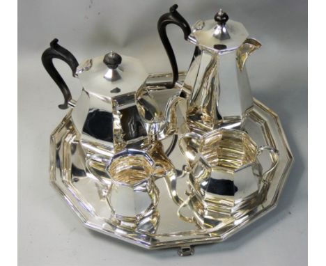 An Art Deco four piece tea and coffee service, by Roberts &amp; Belk, Sheffield 1932, of octagonal baluster form with ebonise