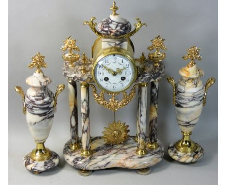 A 19th century French clock garniture, the white enamel dial with Arabic numerals, the unsigned movement numbered 35936 and 7