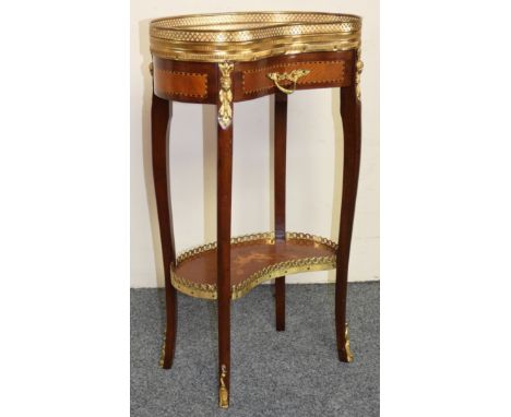 A French style kidney shape marble and mahogany side table, with brass gallery, frieze drawer, floral inlaid shelf, raised on