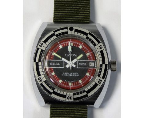 Orion, a divers Seal manual wind stainless date wristwatch, c. 1970's, model 21653, 5 ATM tested,with red outer chapter ring,