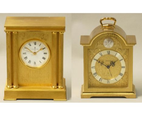 Looping - an eight day brass mantle clock, height 14cm, together with a Swiza eight day alarm mantle clock, height 15cm.