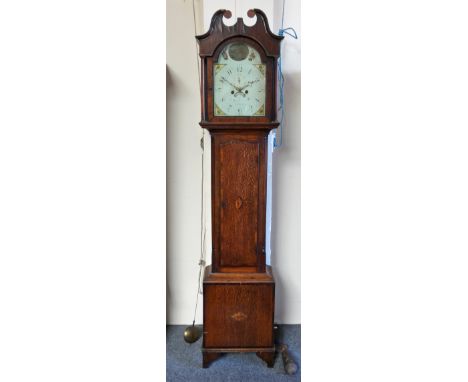 Thos. ??? Gainsborough, a Victorian oak eight day longcase clock, the 12" painted arch dial decorated with a lady feeding chi