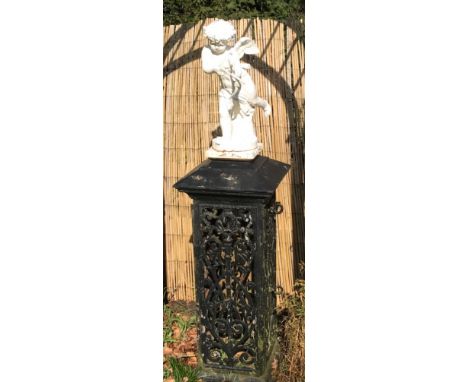 A VICTORIAN CAST IRON STATUE OF A WINGED CHERUB With bow and arrow, standing on a pierced pedestal stamped 'Steven Brothers, 