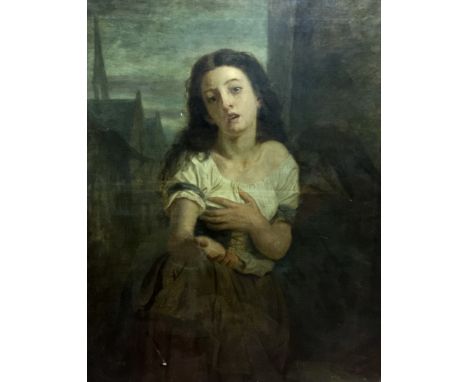CIRCLE OF SIR JOHN EVERETT MILLAIS, 1829 - 1896, OIL ON CANVAS Portrait of a young women begging, framed. (81cm x 100cm)