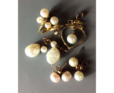 A 14CT GOLD AND PEARL SET HEART FORM PENDANT With engraved leaf design, together with two pairs of 9ct gold and pearl stud ea
