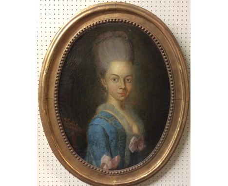 AN 18TH CENTURY OVAL OIL ON CANVAS Portrait of a lady, indistinctly inscribed in pencil verso on frame 'Conferchl Raadinde Mo