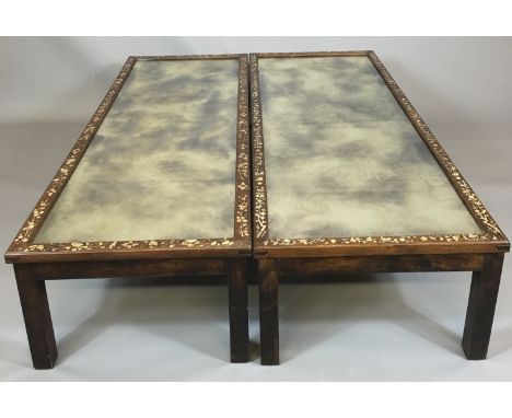 A PAIR OF LATE 19TH/20TH CENTURY CHINESE HARDWOOD AND MOTHER OF PEARL INLAID MIRRORED TOP LOW TABLES Raised on square legs. (