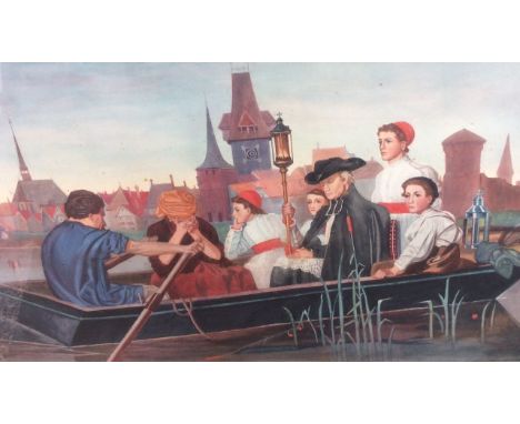 A 19TH CENTURY VENETAIN WATERCOLOUR LANDSCAPE  Of figures in a rowing boat, in a solemn pose, the leading figure holding a to