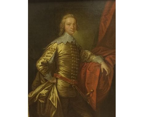 AN 18TH CENTURY OLD MASTER PORTRAIT A young man wearing fine silk robes with sword, decorative gilt framed. (36cm x 47cm)