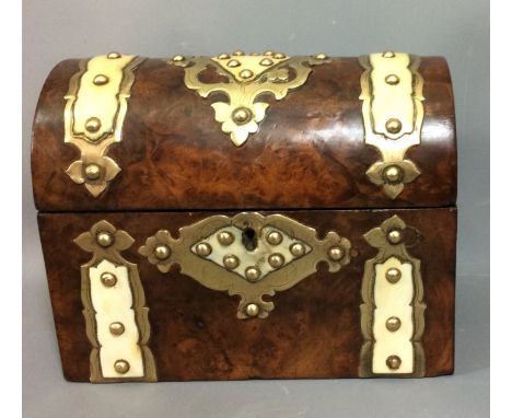 A VICTORIAN BURR WALNUT, BRASS AND IVORY TEA CADDY.