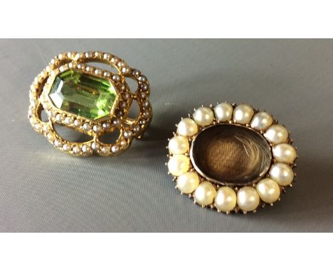 A VICTORIAN 9CT GOLD, PERIDOT AND SEED PEARL BROOCH Having an octagonal cut peridot set with two rows of seed pearls in a pie