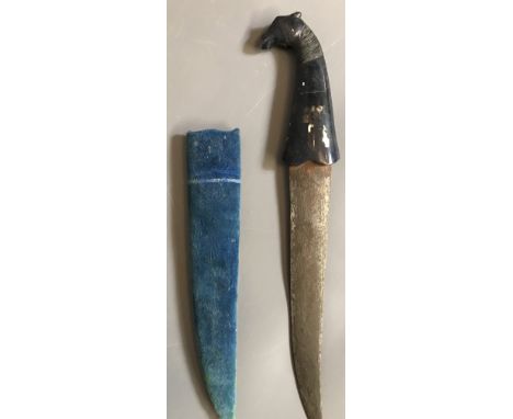 A LATE 19TH/EARLY 20TH CENTURY MONGOLIAN JADE DAGGER The blue jade handle carved with a horses head on a finely engraved stee