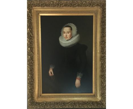 PORTRAIT OF AN ELIZABETHAN GIRL  oil on canvas, Gilt framed. 20th century  85 x 120 cm inc frame  