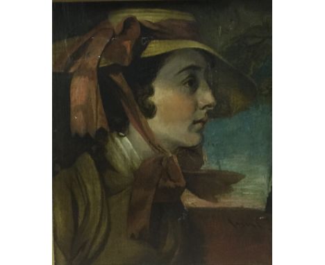 CIRCLE OF WILLIAM HOLMAN HUNT, 1837 - 1910, OIL ON CANVAS Portrait of a lady wearing a bonnet, gilt framed. (41cm x 50cm)