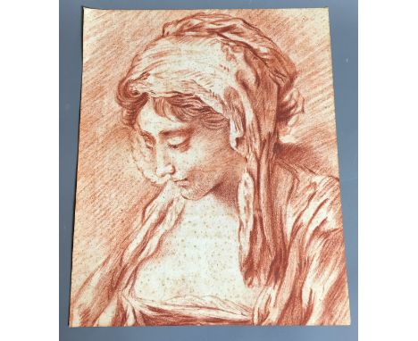 MANNER OF FRANCOIS BOUCHER, AN 18TH CENTURY RED CRAYON ON PAPER Portrait of a young maiden. (27cm x 22cm)