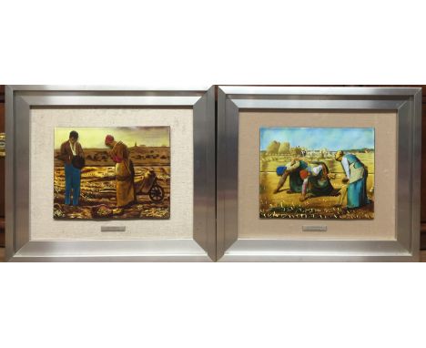 FOLLOWER OF JEAN-FRANÇOIS MILLET, A PAIR OF ENAMEL PAINTINGS ON METAL Field workers in a landscape, contained in brushed alum