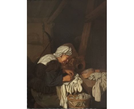 ATTRIBUTED TO JACOB TOORENVLIET, 1640 - 1719, DUTCH BAROQUE OIL ON PANEL  Titled 'The Seamstress', ebony cushion framed, wax 