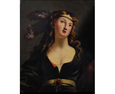 IN THE MANNER OF GUIDO RENI, AN 18TH CENTURY OIL ON CANVAS Portrait of a classical maiden with long flowing hair, wearing a f