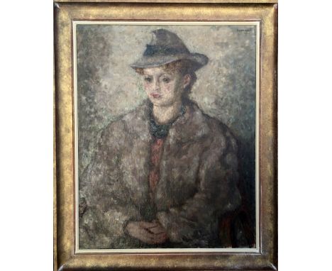 J.C. YOURSKI, POLISH, 1942, OIL ON CANVAS Portrait of a woman, parcel gilt frame. (64cm x 80cm)