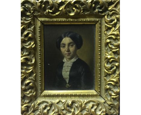 A 19TH CENTURY PORTRAIT A lady in a black dress with a white lace collar. (11.5cm x 14cm)