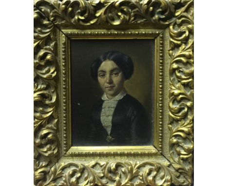 A 19TH CENTURY PORTRAIT A lady in a black dress with a white lace collar. (11.5cm x 14cm)