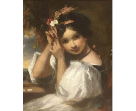 CIRCLE OF SIR JOSHUA REYNOLDS, 1723 - 1792, OIL ON CANVAS Portrait of a young lady tending her hair. (29.5cm x 36cm)