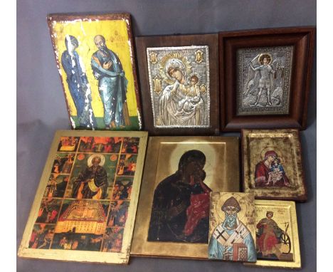 A COLLECTION OF VINTAGE RUSSIAN HAND PAINTED RELIGIOUS ICONS  To include Madonna and child, overlaid with a heavily embossed 