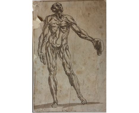 CIRCLE OF LEONARDO DA VINCI, 1452 - 1519, PEN AND INK DRAWING  Anatomical study, the male form, a similar drawing can be foun