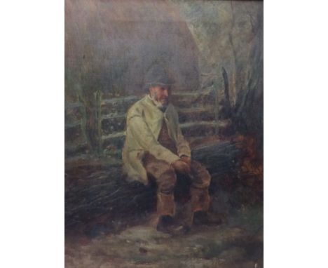NEWLYN SCHOOL, A 19TH CENTURY OIL ON CANVAS PORTRAIT OF A GENTLEMAN Seated on a rustic bench, holding a clay pipe. Held in a 
