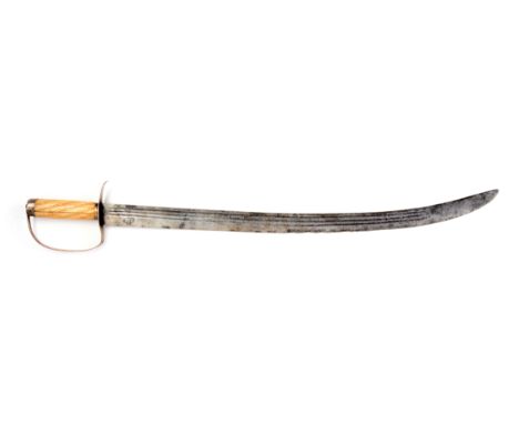 Button capstan on a short-capped pommel with a simple silver D-guard. Bone spiral columned grips. The curved blade is an Amer
